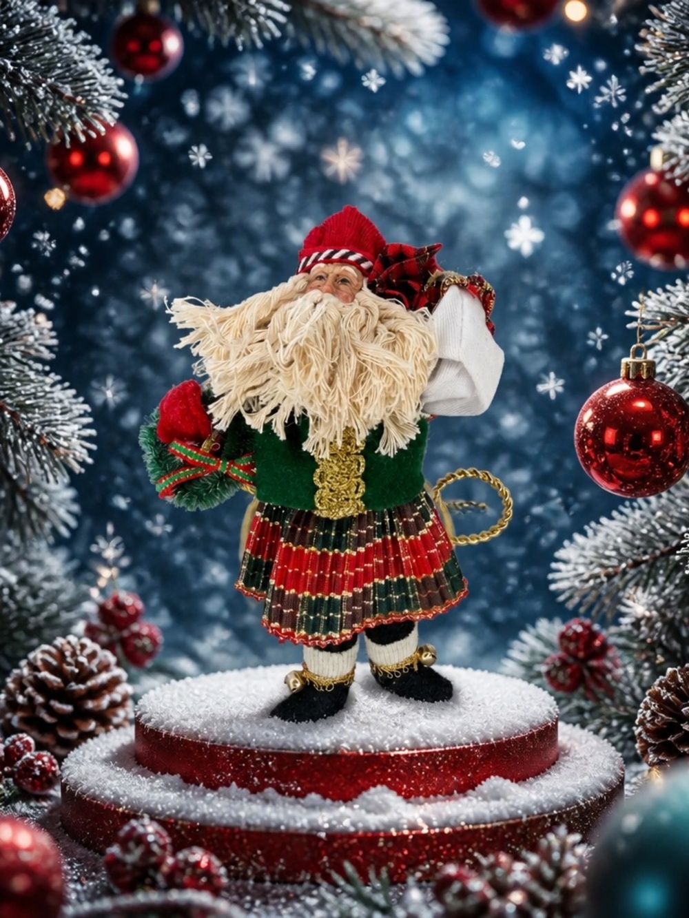 Vintage Christmas Santa Ornament Plaid Tartan Holiday Decor Hanging Figure